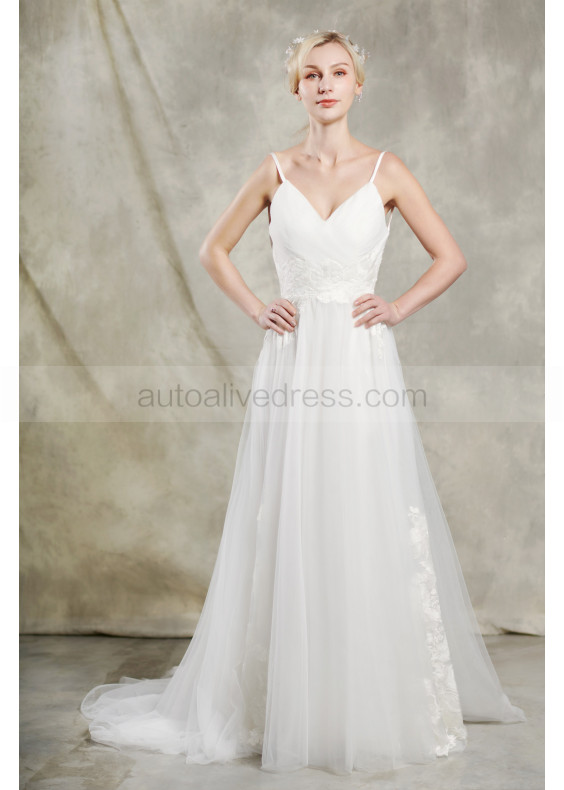 Spaghetti Straps V Neck Ivory Lace Tulle V Back Wedding Dress